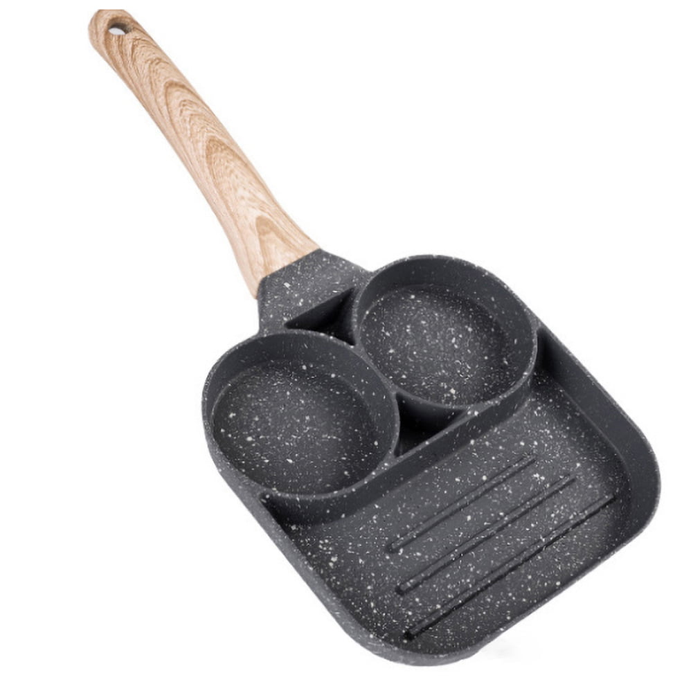 Burger Etc Kitchen Non Stick Pancake Pot with Wood Handle for Omelette 4-Hole Egg Frying Pan