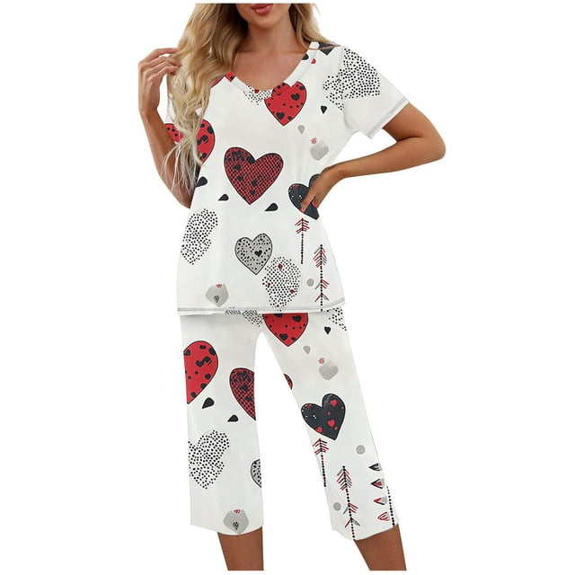 TIMIFIS Pyjamas de la Saint-Valentin pour Femmes - Ensembles de Pyjama pour Femmes 2 Pcs - Haut à Manches Courtes Décontracté à Col Ras du Cou et Pantalon Capri Ensembles de Pjs Vêtements de Nuit Vêtements de Détente