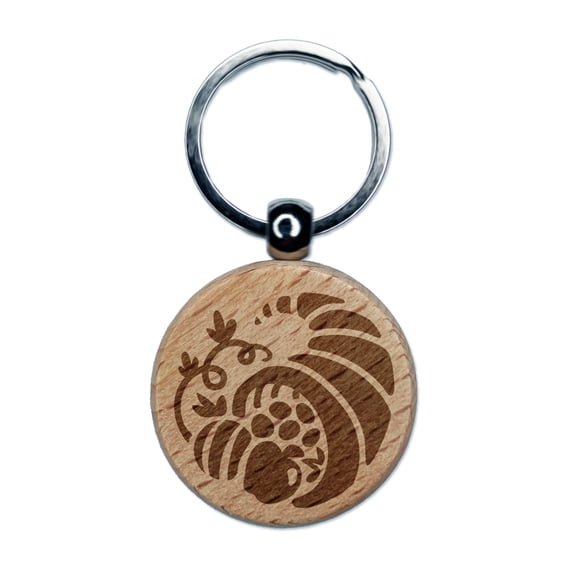 Thanksgiving Fall Cornucopia Round Keychain Charm Tag - Engraved Wood