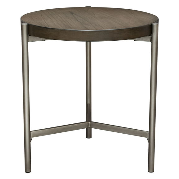Atwood 22" Round End Table w/ Grey Oak Veneer Top  Brushed Silver Metal Base by Diamond Sofa