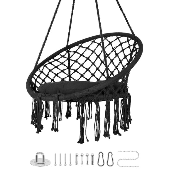 Hanging Cotton Kits Chair Rope Swing, Macrame Hammock with Hand-Woven Rope, Steel Spreader Bar Anti-Slip Rings, Black, Comfortable, Durable, Firm, for Home Garden