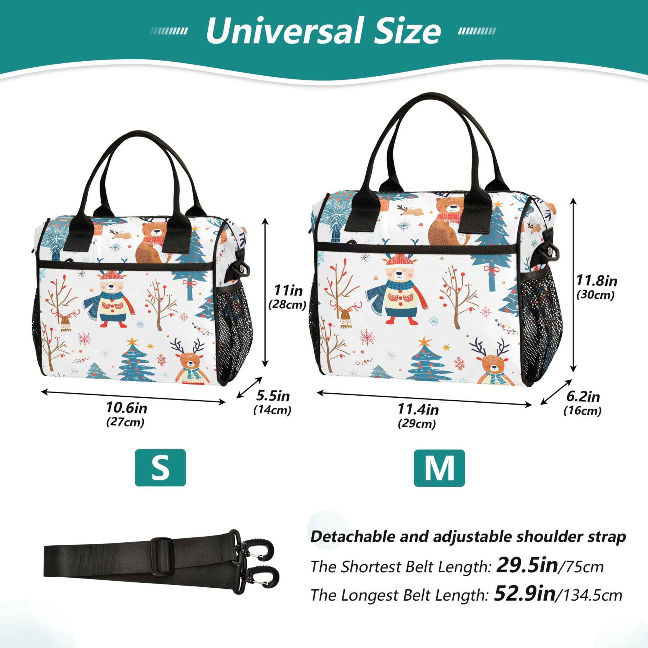 Lunch Bag Insulated Lunch Box Leakproof Reusable Cooler Tote Adjustable Shoulder Strap for Men Women Snowflakes Deer Bear Trees 9L