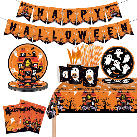 402 Pcs Halloween Paper Dinnerware Set - Gh-ost Theme Disposable Plates, Napkins, Cups, Forks, Spoons and Knives - Black and Orange Party Supplies for 24 Guests