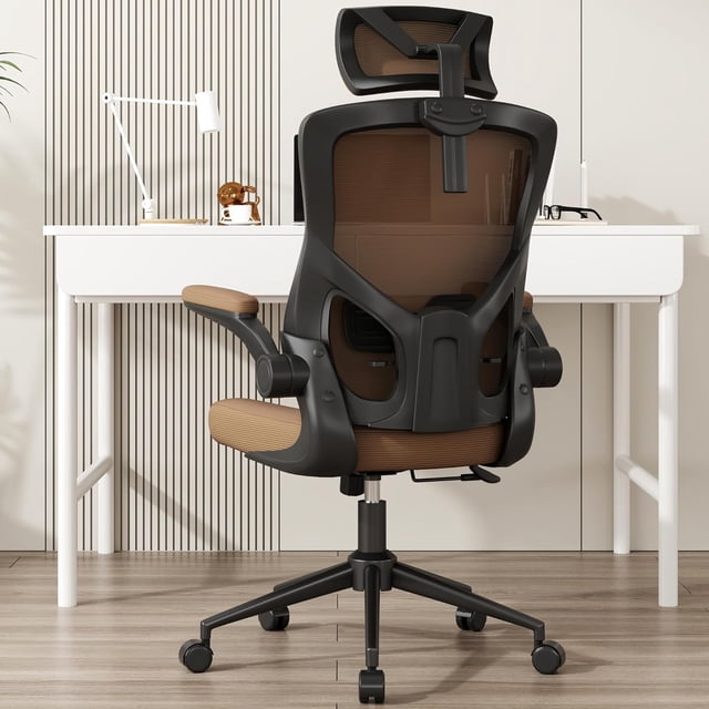 Ergonomic Office Chair with Adjustable Headrest & Lumbar Support - Back Desk Chair with Flip-Up Arms Swivel Executive Computer Task Chair