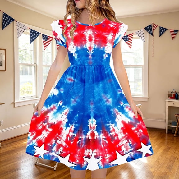 SGFCWSX Girls Summer Dresses 4th of July American Flag Patriotic Ruffle Sleeve Casual Tiered A-Line Kids Dress Multicolor Size 11-12 Years