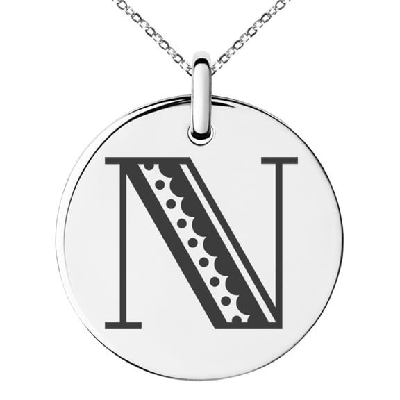 Stainless Steel Letter N Initial Metro Retro Monogram Engraved Small Medallion Circle Charm Pendant Necklace