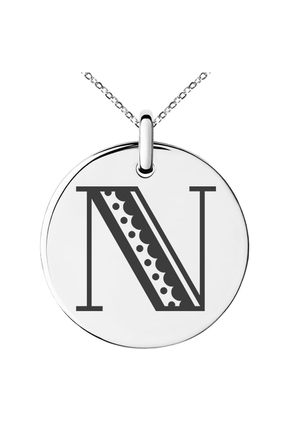 Stainless Steel Letter N Initial Metro Retro Monogram Engraved Small Medallion Circle Charm Pendant Necklace