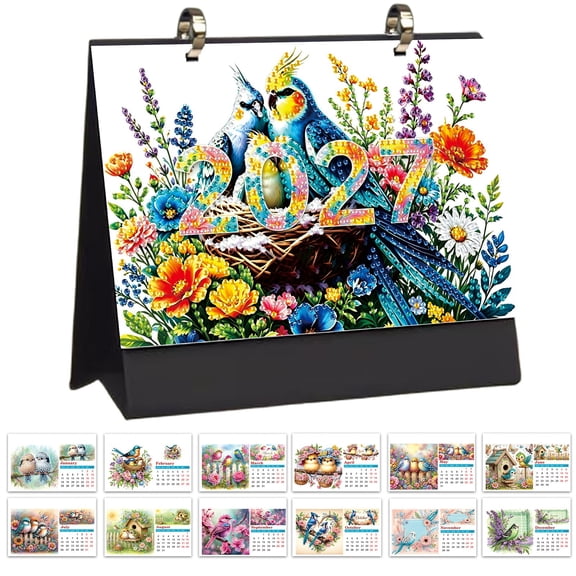 FLOPESN 2027 Nest Diamond Art Black Desk Calendar, Creative Paper Home Decor Ornament, DIY Craft Kit
