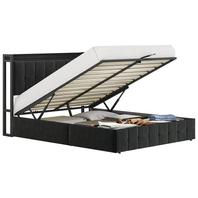 Cadre de Lit avec Rangement Relevable, Lit Plateforme Hydraulique Rembourré en Velours avec Tête de Lit de Rangement, Lattes en Bois Robustes, Aucun Sommier Requis