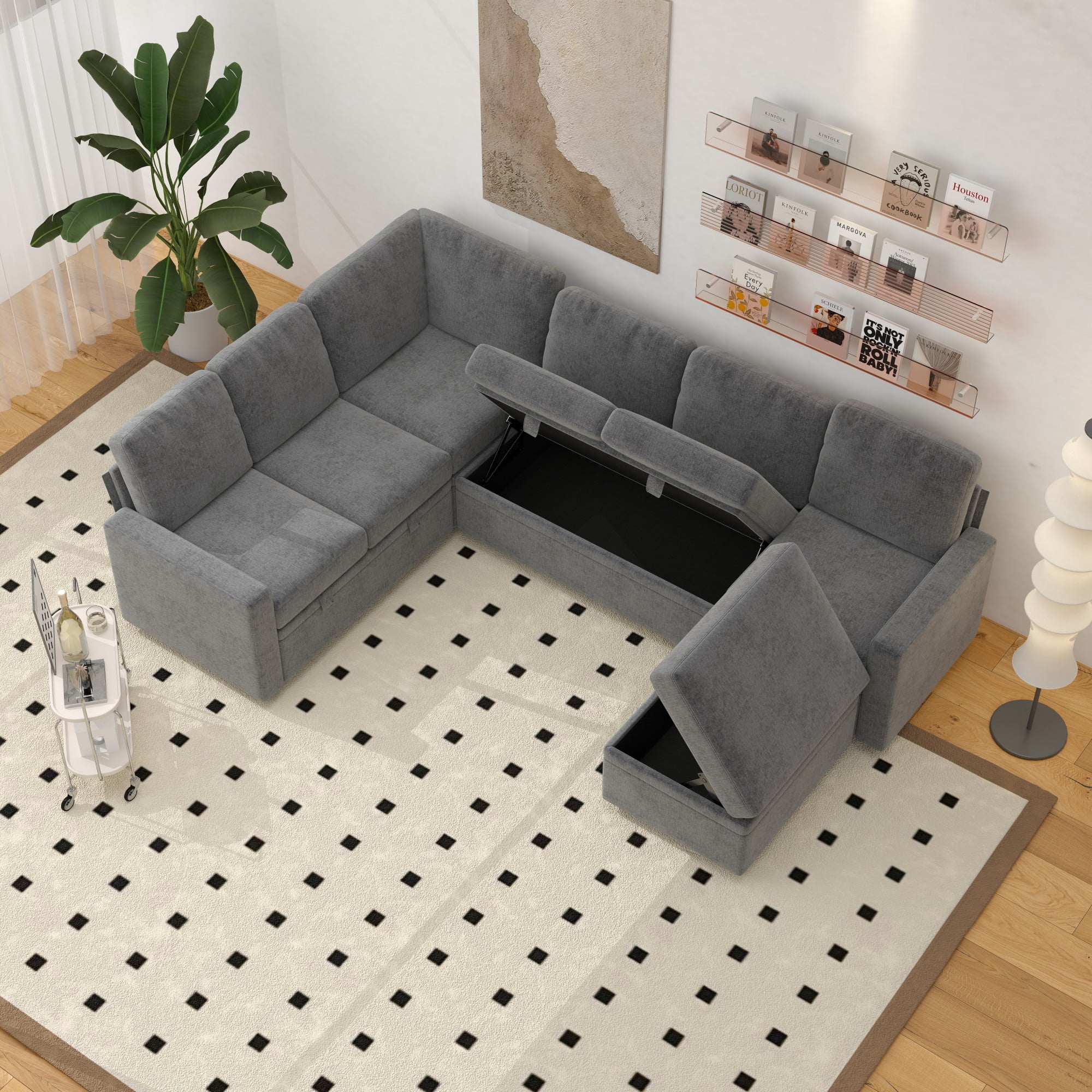 Gewnee 6-Seater Gray L-Shaped Convertible Sofa - Skin-Friendly & Wear-Resistant Chenille Fabric, Multifunctional Storage, for Living Rooms & Halls（including 1 footstool）