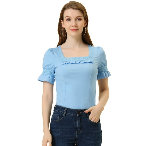 Blusa de Ganchillo de Encaje Allegra K Cuello Cuadrado Mujer Manga Corta Volantes Azul claro L