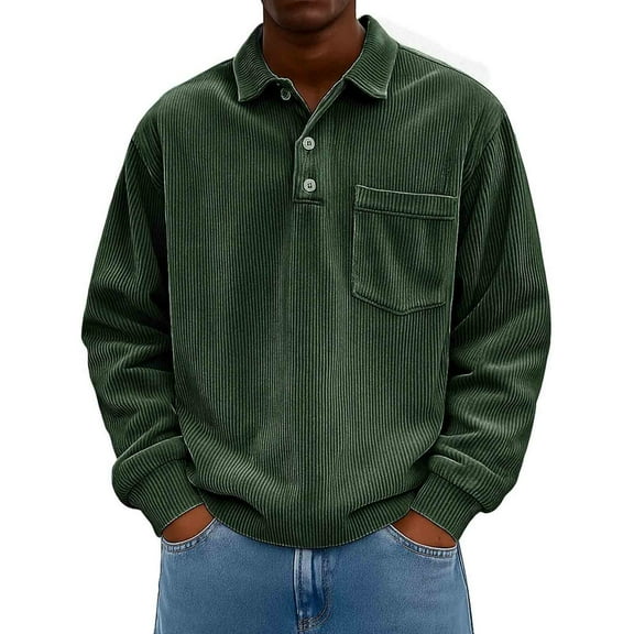NTACZA Green Winter Shirts for Men Corduroy Solid Long Sleeve Polos Baggy Thick Button Collared Shirts for Men L