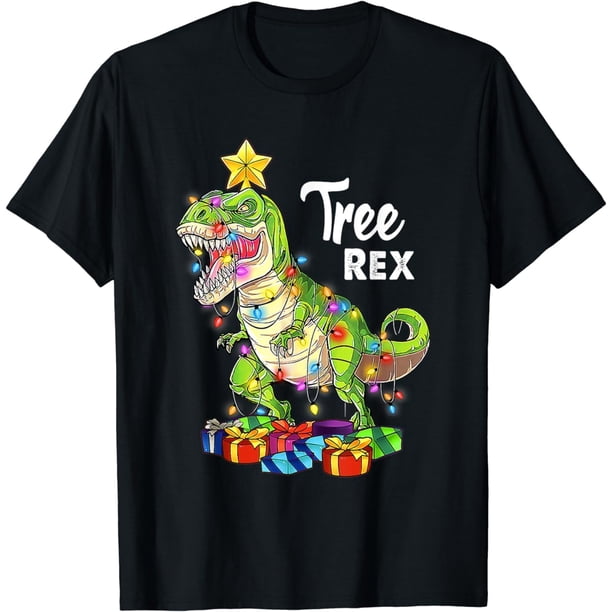 Dinosaurio árbol de Navidad Rex Pijamas divertidas T Rex Lights playera 100% algodón, camisetas unisex para hombre y mujer