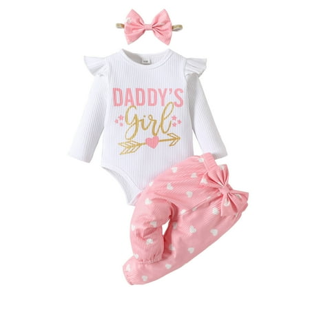 

Girl Outfits Long Sleeve Ribbed Romper Hearts Prints Pants Headbands Cute Casual Kids Suits for Girls