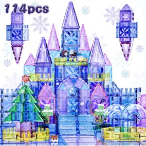 SKTMYY Magnetic Tiles Princess Ice Castle Set 114 Piece STEM Building Toy with Castle Accessories