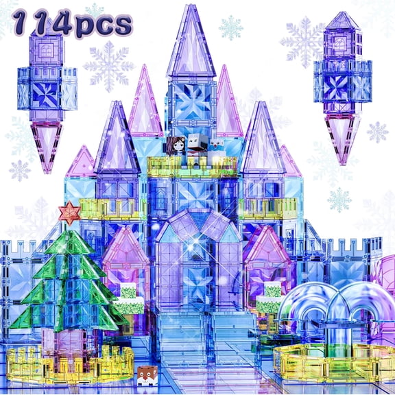 SKTMYY Magnetic Tiles Princess Ice Castle Set, 114 Piece STEM Building Toy with Castle Accessories