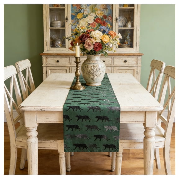 ARLAJO Table Runners 90   Inches Long,Black Leopard Print Table Runners,Ideal for Home Décor Farmhouse Parties Boho Rustic Style and Table Décor Bohemian Dining Room Table Decor,green