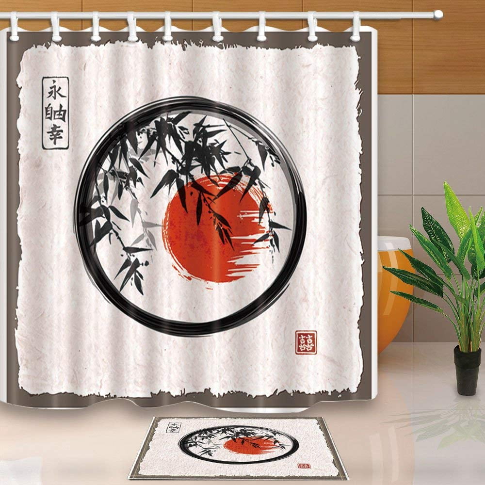 BPBOP Bamboo Trees and Sun in Enso Zen Circle by Ink in Japanese Painting Shower Curtain 66x72