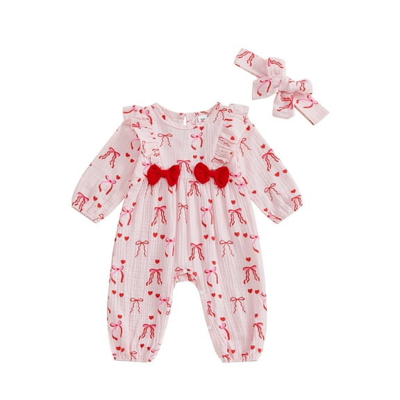 Newborn Baby Girl Valentines Day Outfit Bow Heart Ruffle Cotton Linen Jumpsuit Long Sleeve Romper Playsuit with Headband