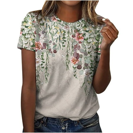 

Wenini Corset Tops For Women Print Tunic Round Neck Short Sleeve Summer T-Shirts Hawaiian Casual Loose Fashion Blouses Tops Khaki s