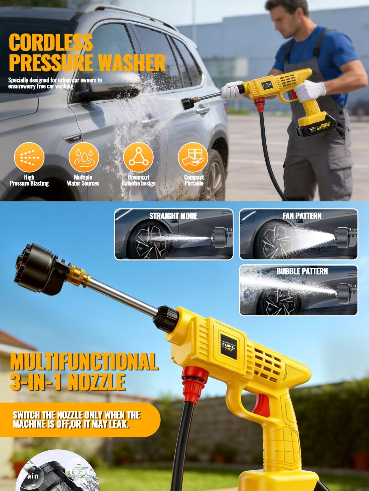 DGB Cordless Pressure Washer Portable Power Washer, Battery Powered High Pressure Cleaning Gun for Car, Home, Patio, Garden, Driveway Cleaning, Lightweight Handheld Water Sprayer