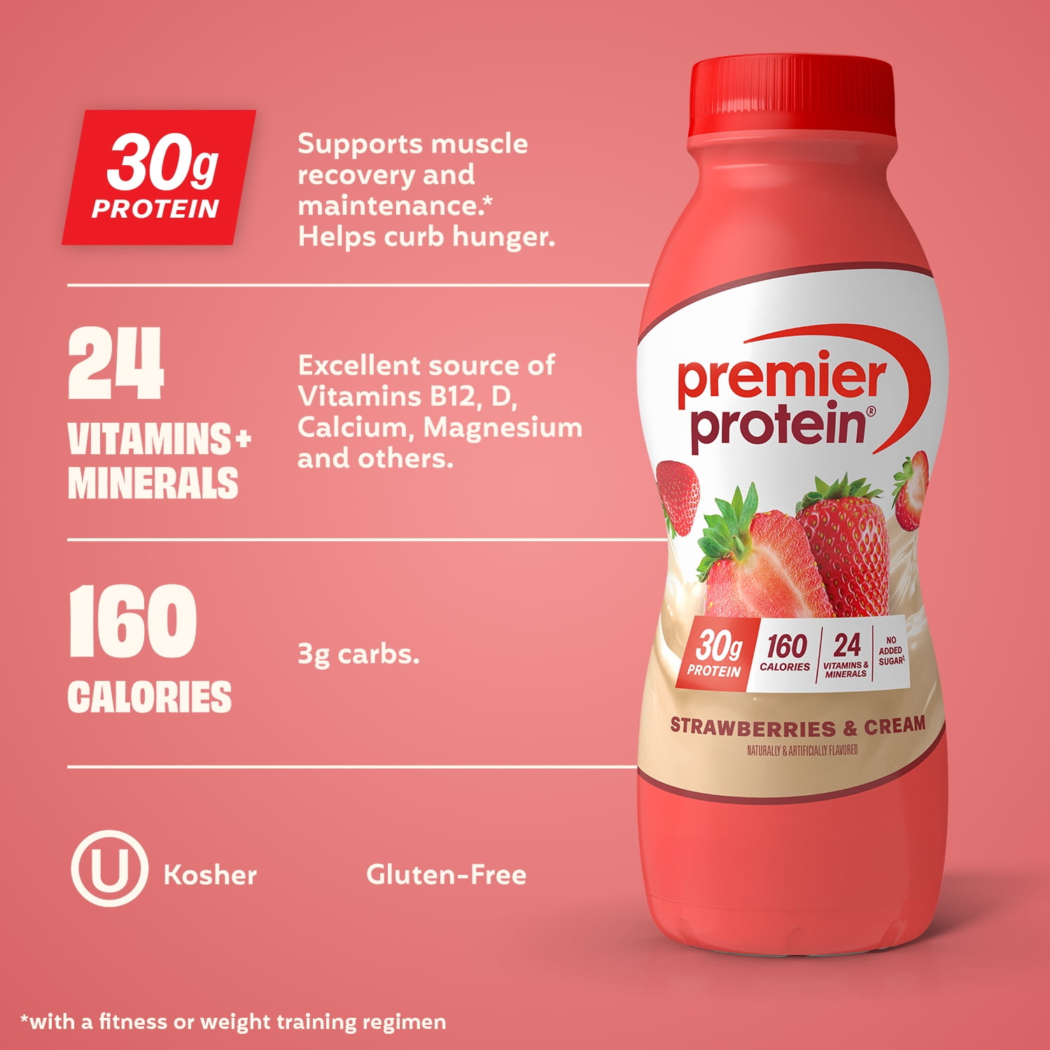 (3 pack) Premier Protein Shake, Strawberries & Cream, 30g Protein, 11.5 fl oz, 12 ct