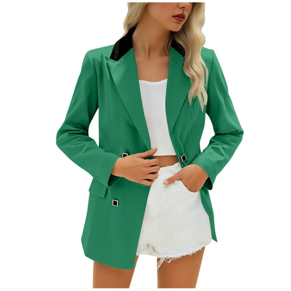 ZQUUVOU Blazers for Women Business Casual Long Sleeved Double Office Slim Suits Jackets with Pocket Buttoned Notch Collar Blazer Green