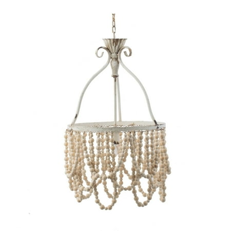 

14 Inch Chandelier White Wood Bead Strands Iron Frame Classic White Saltoro Sherpi