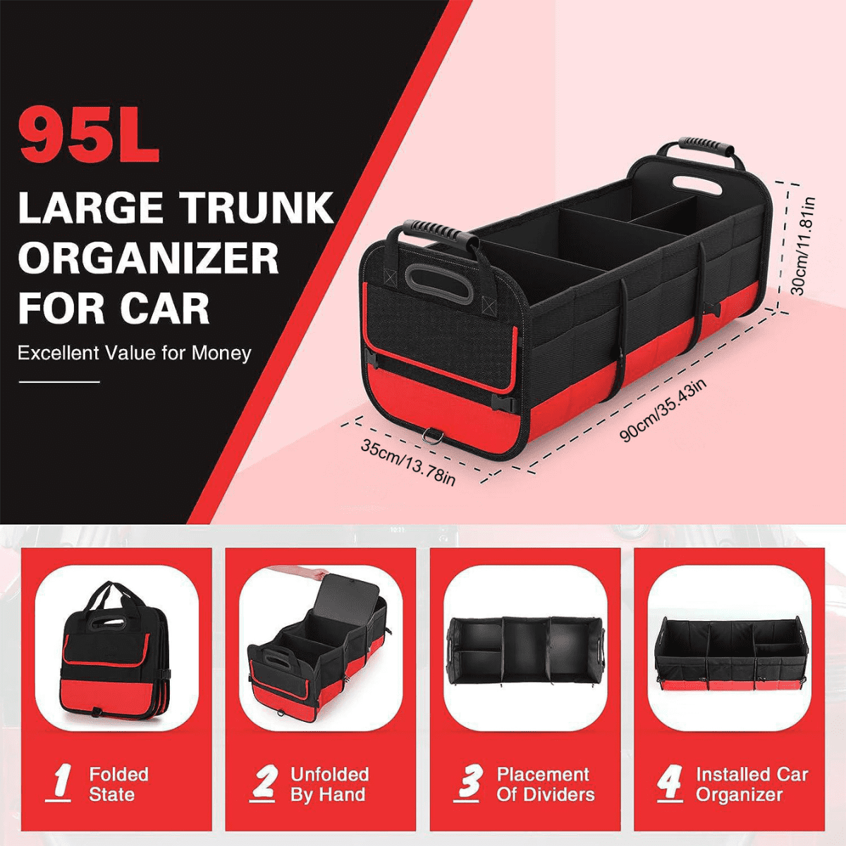 DUANJY Large Car Trunk Organizer with 5 Compartments Trunk Organizers and Storage, Reinforced Handle, Securing Straps, Trunk Organizer Available for Car, SUV, Minivan