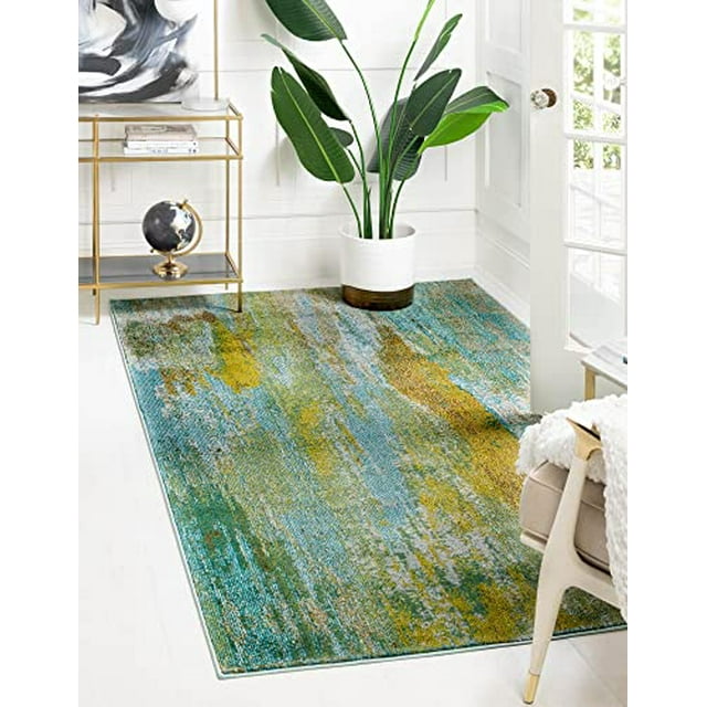 Unique Loom Jardin Collection Colorful, Vibrant, Abstract Watercolor Area Rug, 6 x 9 ft, Turquoise/Gray