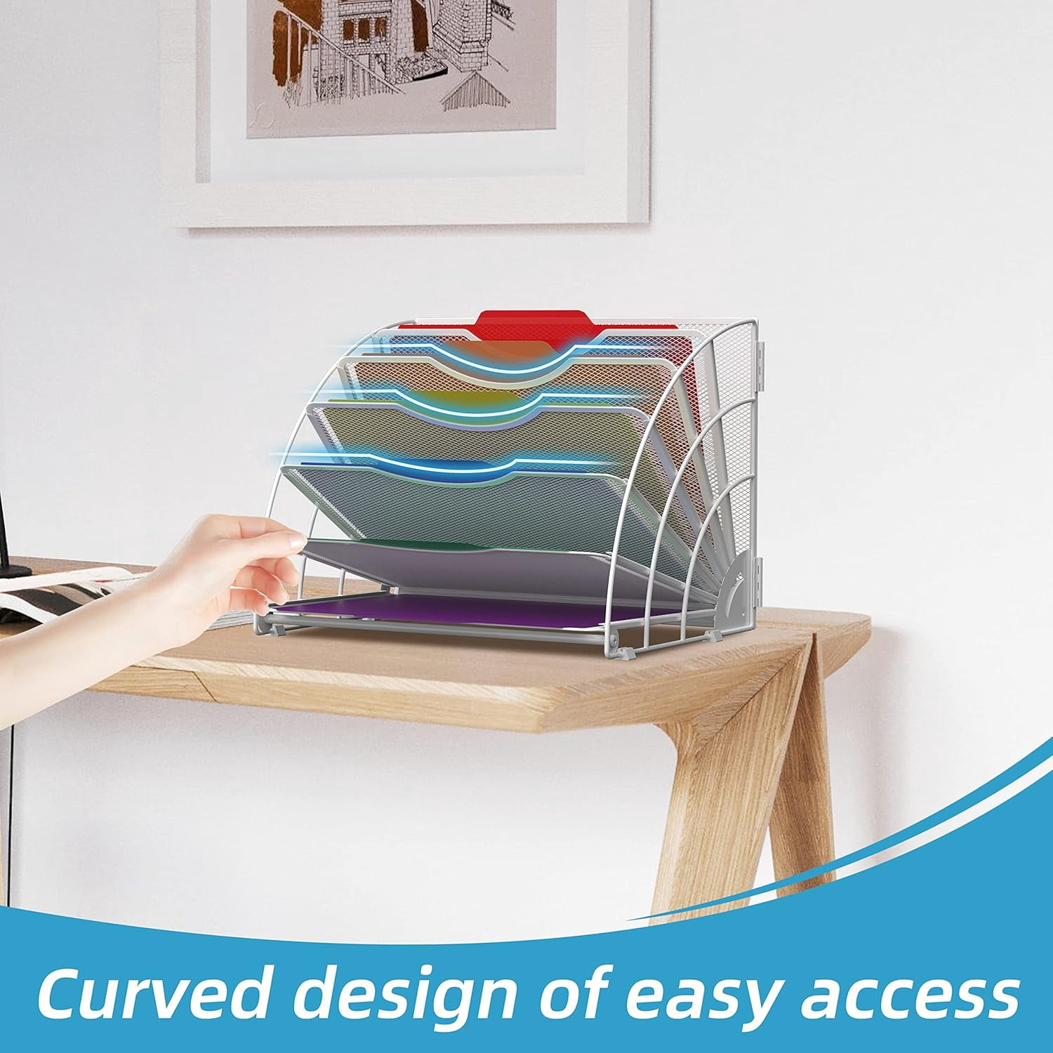 INTIGE 6 Compartment File Organizer, Fan Shaped Desktop Organizer for Files, Folders,White, 1 Piece