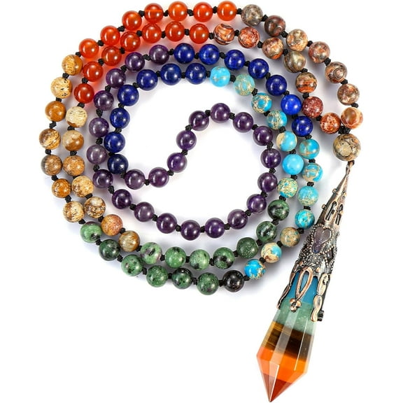 Natural 7 Chakra 108 Mala Prayer Beads Necklace with Reiki Healing Crystal Pointed Pendant 6mm Gemstones Beads Necklace Mens Womens Jewelry for Meditation, Protection