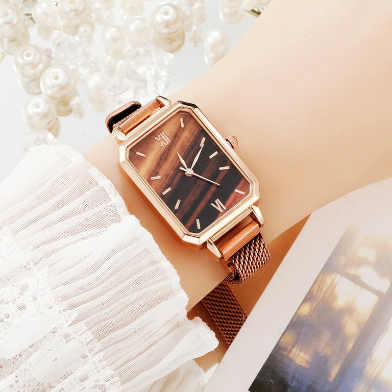Women Watches Fashion Square Ladies Quartz Watch Bracelet Set Green Dial Simple Rose Gold Mesh Luxury Women Watches Walmart