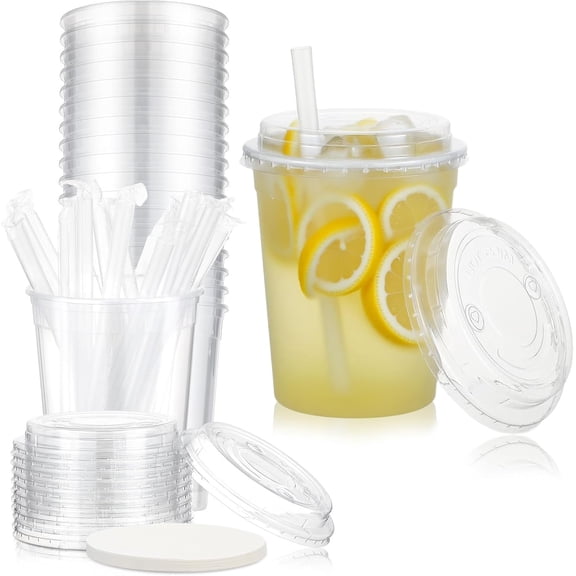 18 Sets 32 oz Lemonade Cups with Lids Punch-free, Plastic Food Storage Containers, Leak-proof Deli Containers with Lids, Straw, Leak-proof Paper, Microwave/dishwasher/freezer Safe/reusable