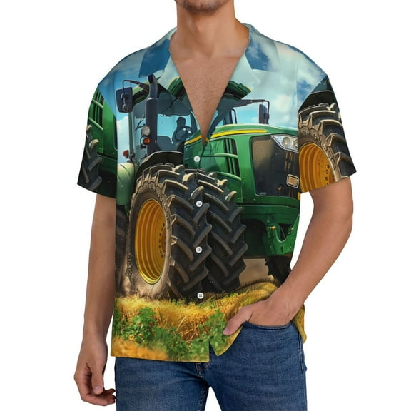 Xecao Green Tractor Field Men's Casual Short-sleeved Shirt, a button-up collared shirt with a pocket-Small