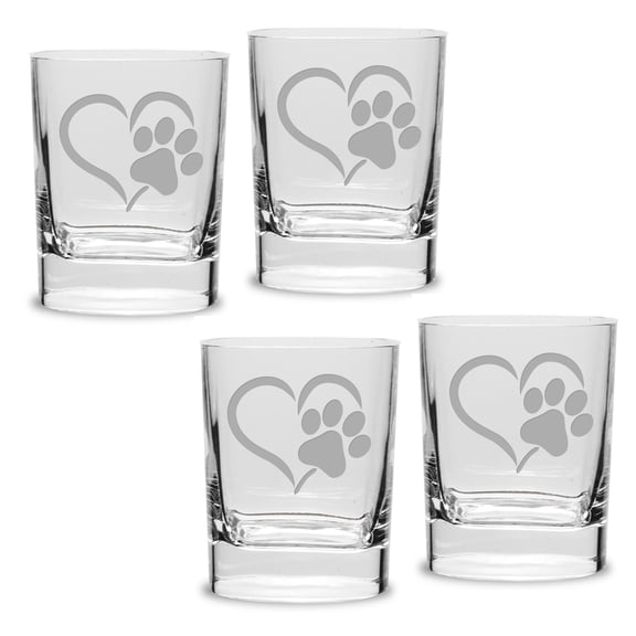 Paw Print Heart Deep Etched Luigi Bormioli 11.75 oz Square Round Double Old Fashion Glass Set of 4