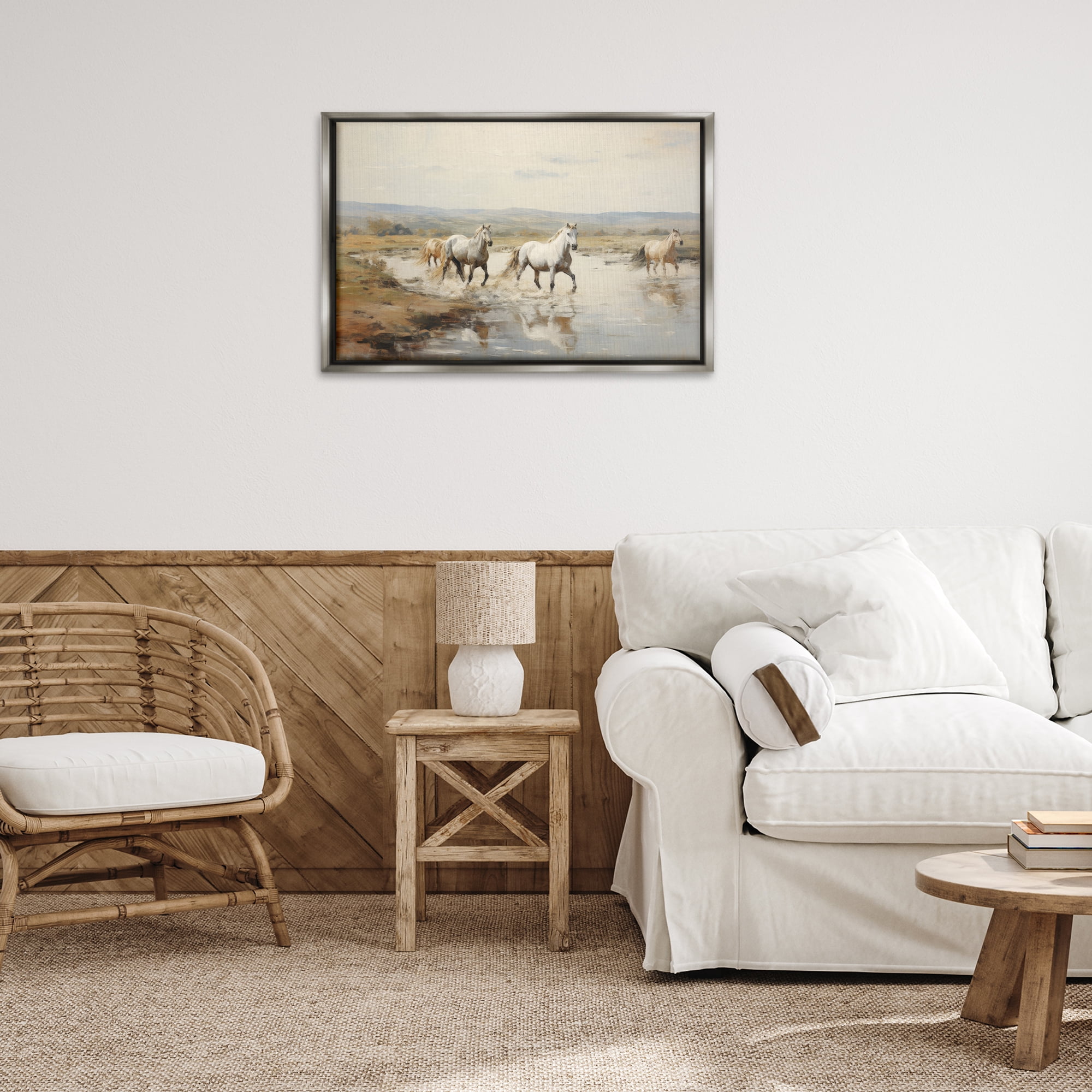 Stupell Industries Free Horses Running Landscape Painting Gray Floater Framed Canvas Art Print Wall Art, 31 x 21