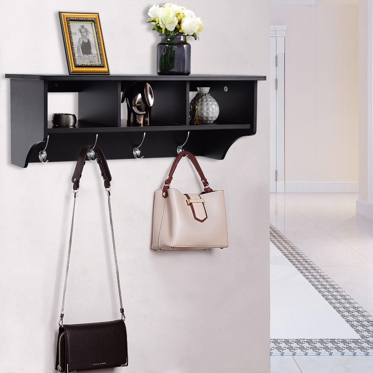 Costway Wall Mount Coat Rack Storage Shelf Cubby Organizer Hooks
