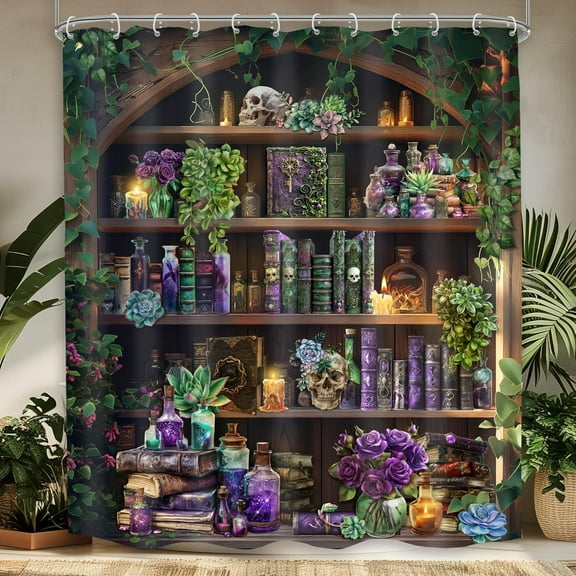 Gothic Skull Shower Curtain Vintage Withcy Spooky Retro Wizard Magic Bookshelf Succulent Black Unique Cool Bathroom Decor Plant Bath Curtain With Hooks-60"W x 72"L (Pack of 1)
