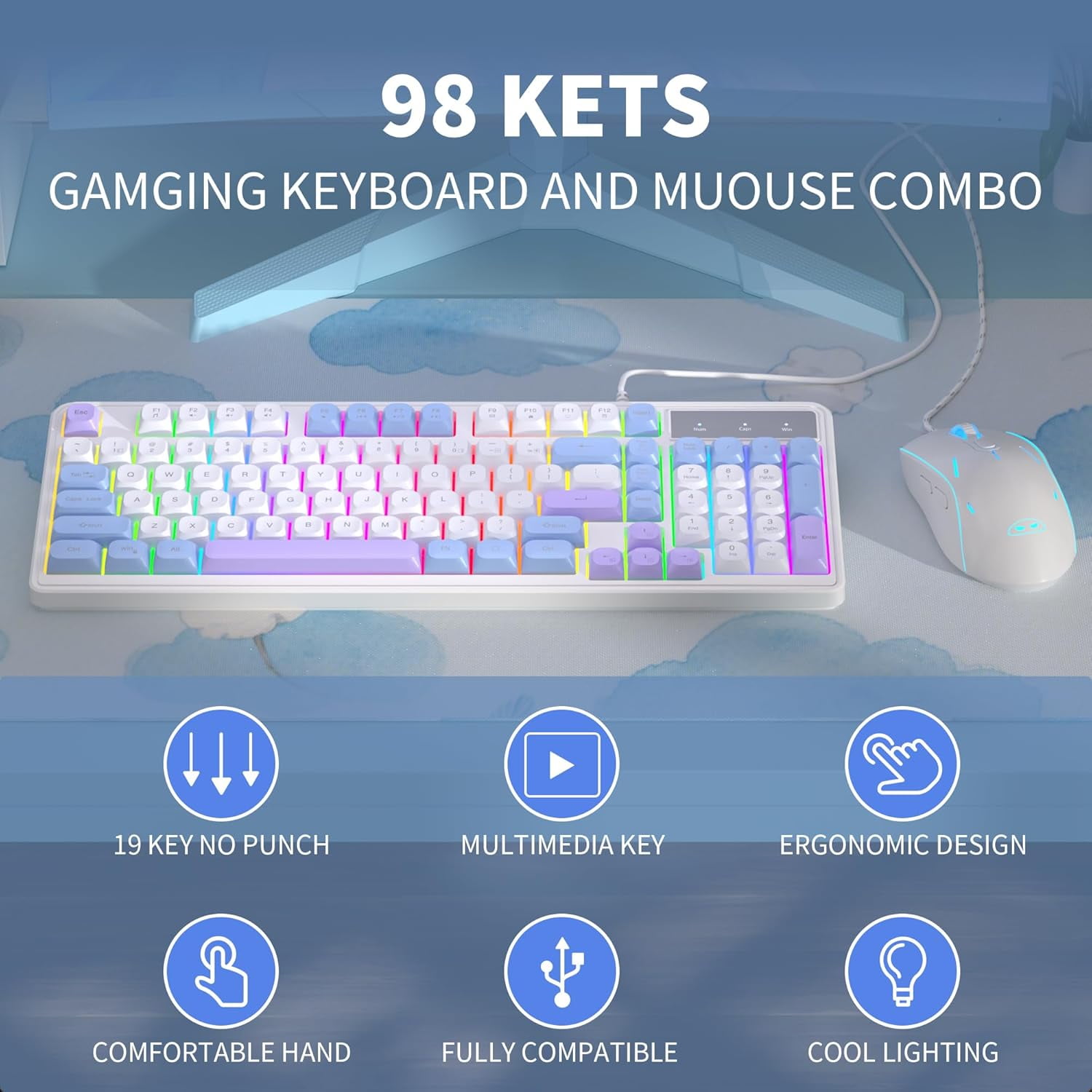 MageGee Gradient Purple Creamy Keyboard and Mouse Combo,MageGee GK980 Wired RGB Backlit Keyboard and Gradient Purple Gaming Mouse Combo,PC Keyboard and Adjustable Sensitivity Mouse for PC/loptop/MAC