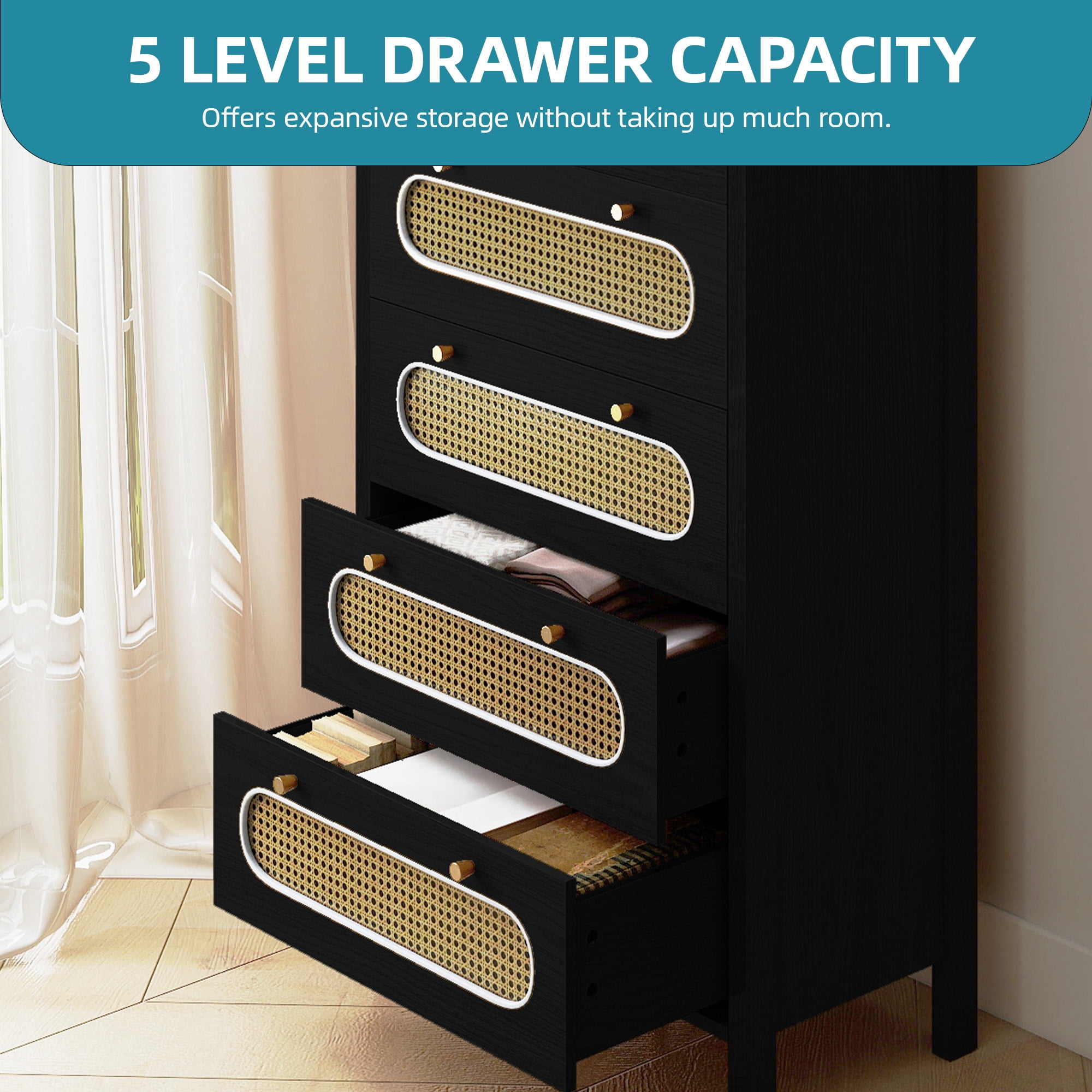 Uforic 47" 5 Drawer Tall Rattan Vertical Dresser with Metal Handles, Chest of Drawers for Bedroom, Living Room, Black Oak