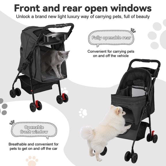 Yedigre 4-Wheel Foldable Pet Stroller for Small Dogs & Cats – Breathable Mesh Windows, Cup Holder & Storage Basket, Holds 22lbs