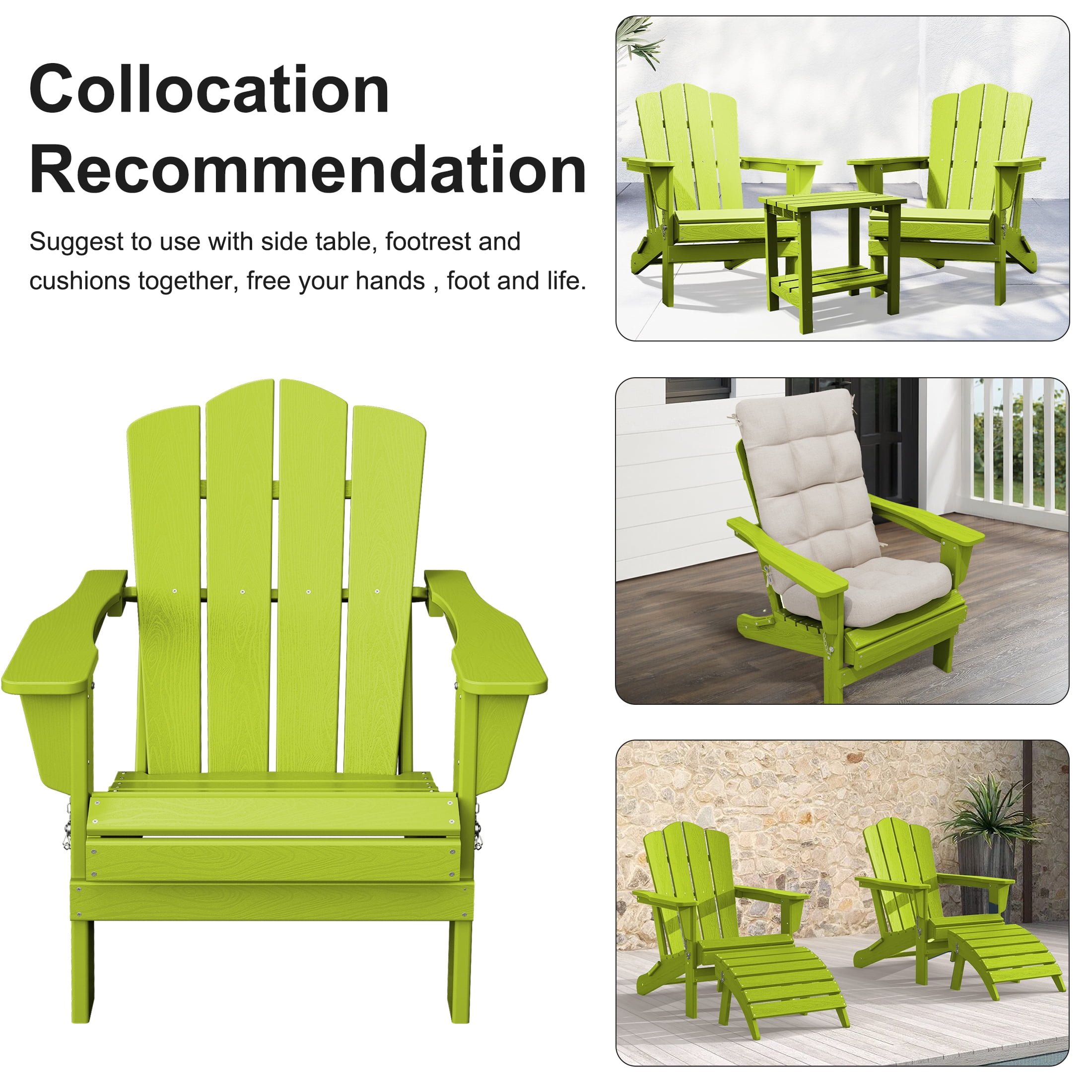 JUSTLET Adirondack Chair, 4PC Plastic Folding Outdoor Patio Chairs, Outside HDPE Chairs for Lawn, Yard, Apple Green