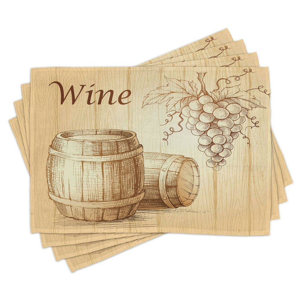 Wine Placemats Set of 4 Wooden Barrels and Bunch of Grapes on Wood