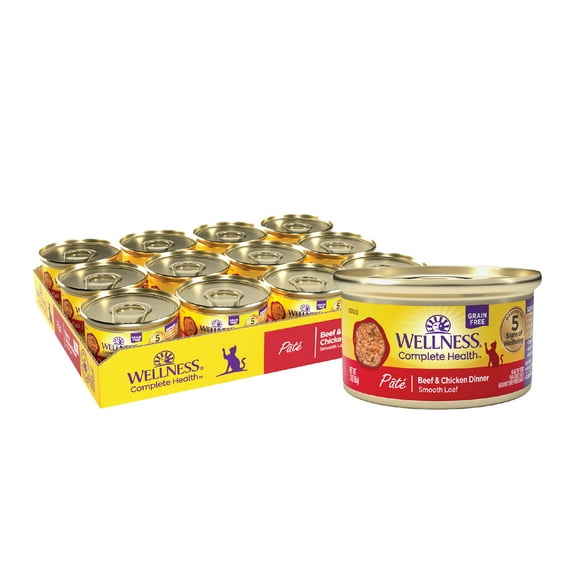 Wellness Complete Health Pate Adult Wet Cat Food, Natural, Protein-Rich, Grain Free, 3 Ounce, 24 Pack, (Beef & Chicken)