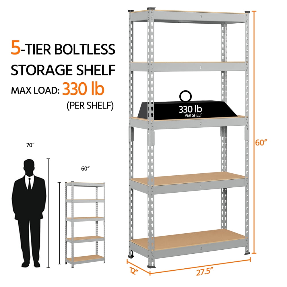 Yaheetech 2 Pieces of 5 Tiers Boltless Storage Shelf Goods Rack for Home Warehouse, Light Gray