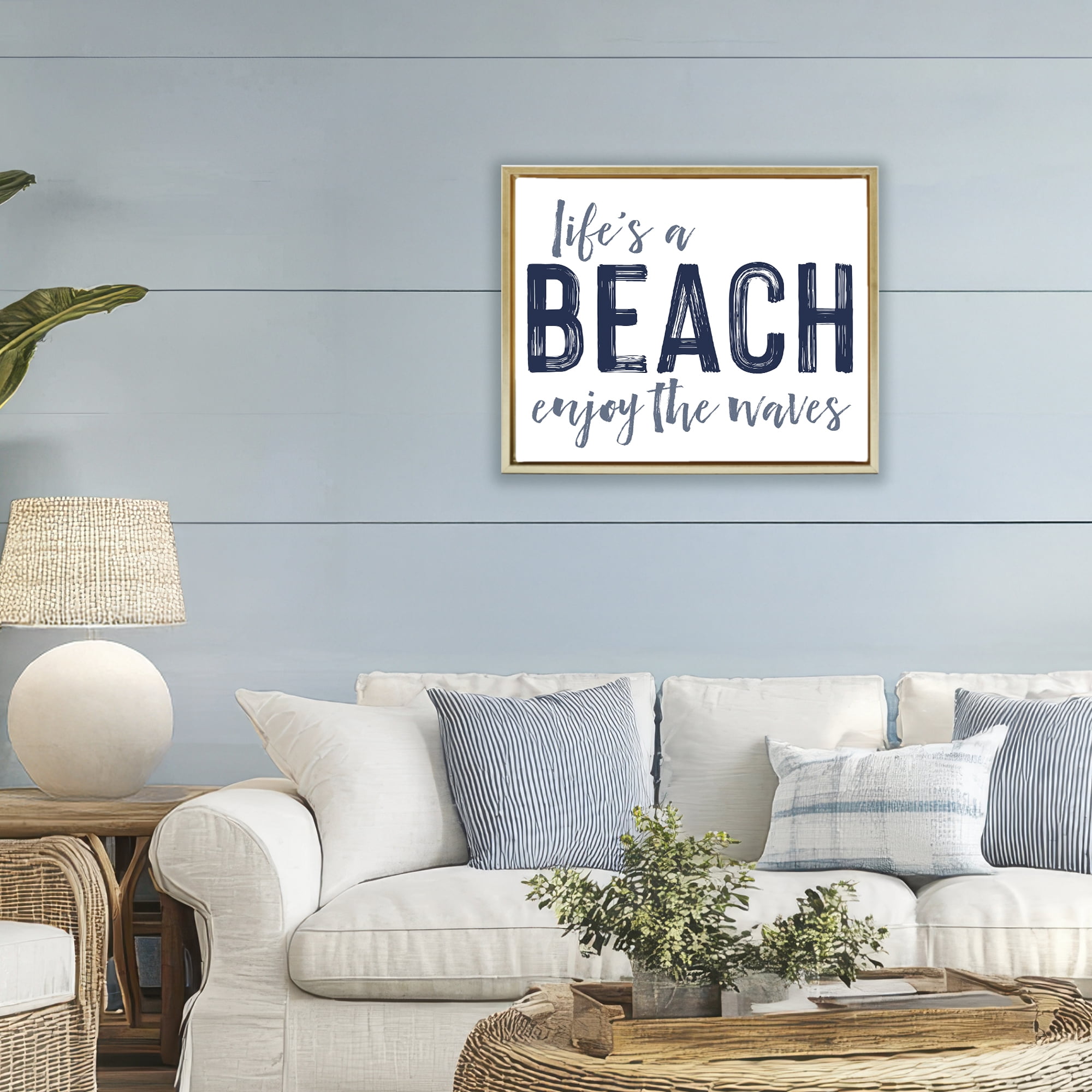 Summer Sentiment Enjoy Waves Gold Framed Floater Canvas Wall Art, design by Lettered and Lined