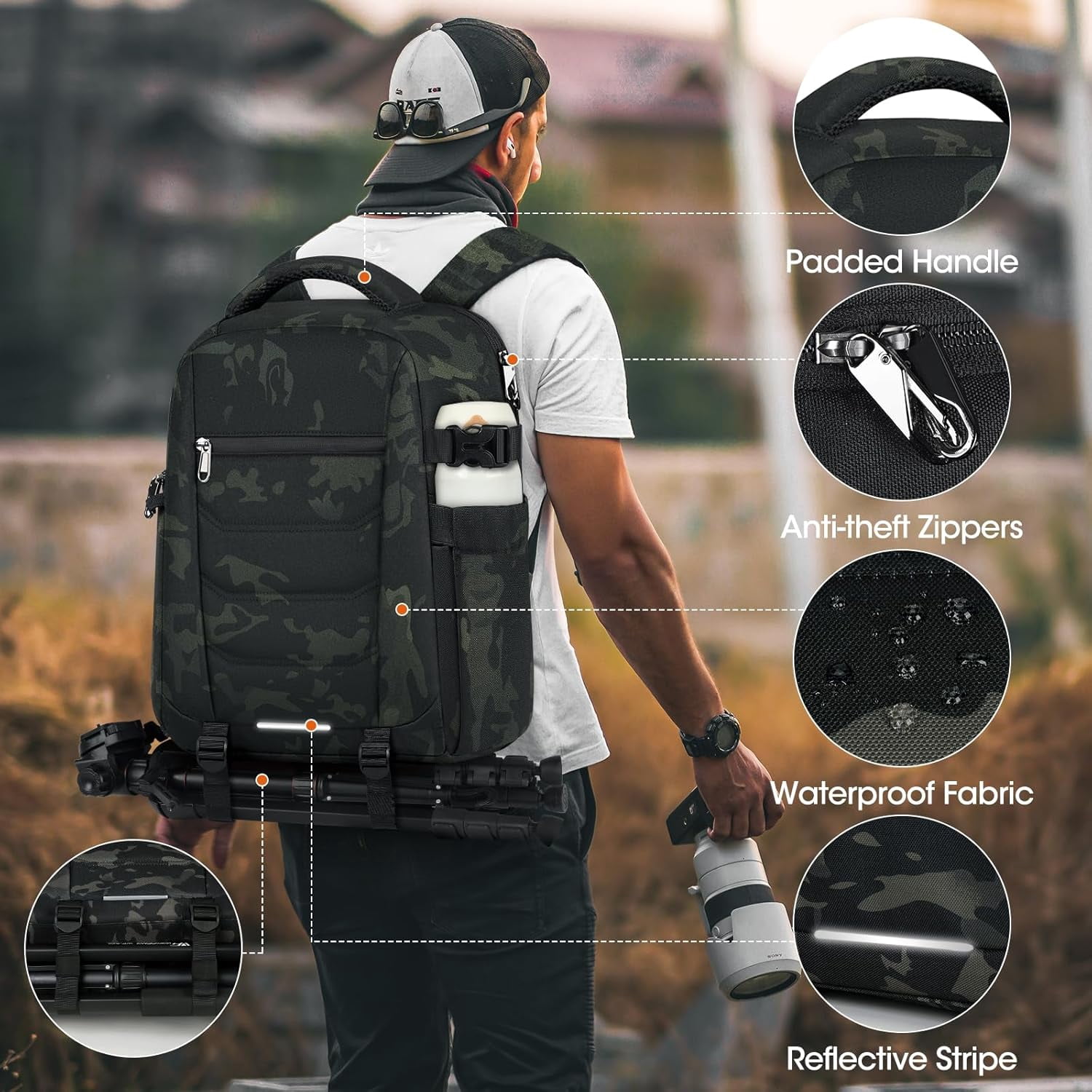 Camera Bag Backpack Professional for DSLR SLR Mirrorless Camera Waterproof Laptop Back Pack 14 Inch with Rain Cover Anti Theft Travel Case Large Capacity Photography Backpack Black