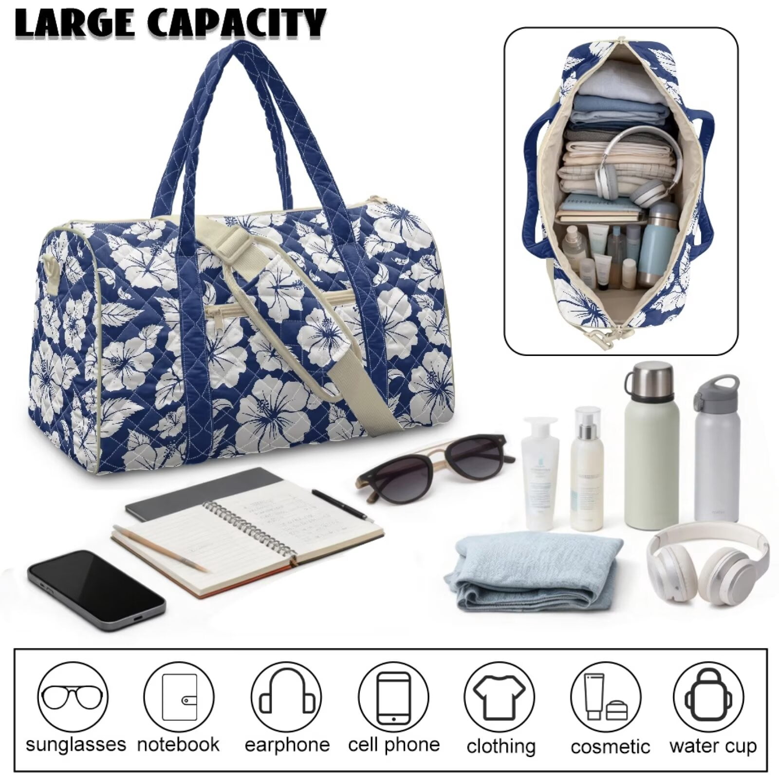 Chririnla Blue Hibiscus Print Modern Gym Bag Soft Duffle for Women with Quilting Design & Multi-Pockets Easily Portable Fitness Luggage Fits Exercise