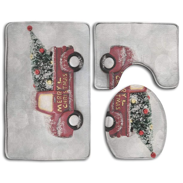 PUDMAD Red Truck Christmas Tree 3 Piece Bathroom Rugs Set Bath Rug Contour Mat and Toilet Lid